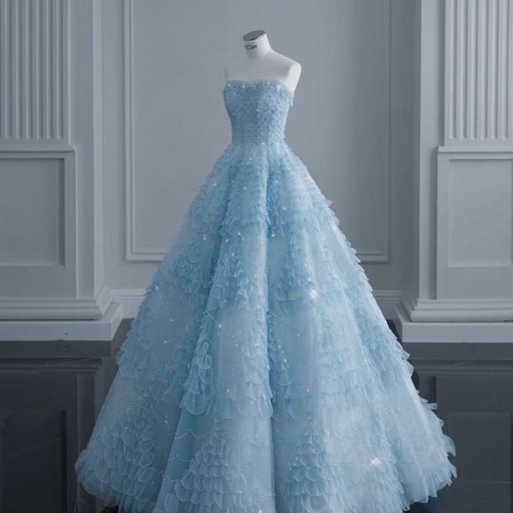 Lovely A Line Strapless Pale Blue Tulle Beaded Long Prom Dress,Evening Dress GG1133
