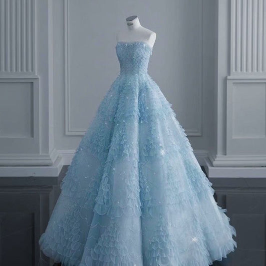 Lovely A Line Strapless Pale Blue Tulle Beaded Long Prom Dress,Evening Dress GG1133