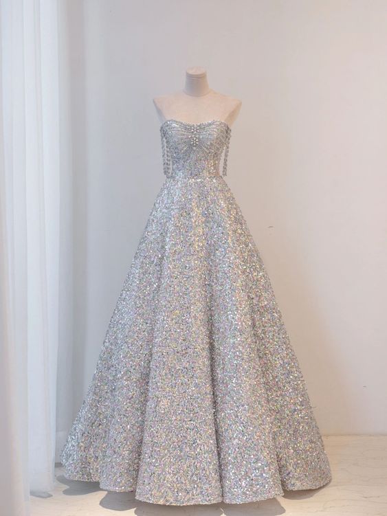 New Shiny A line Off The Shoulder Silver Beading Sequin Long Prom Dresses,Evening Dress GG114