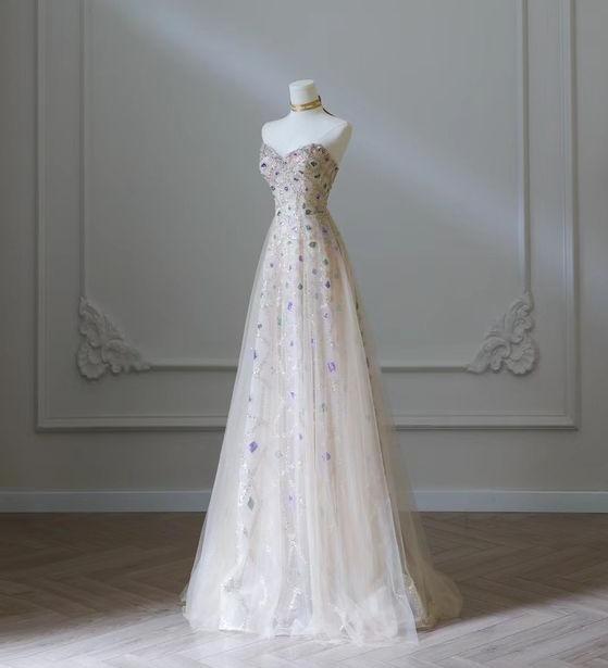 New Elegant A Line Sweetheart Light Champagne Applique Long Prom Dresses,Evening Dress GG115