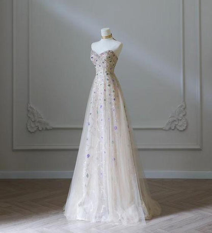 New Elegant A Line Sweetheart Light Champagne Applique Long Prom Dresses,Evening Dress GG115