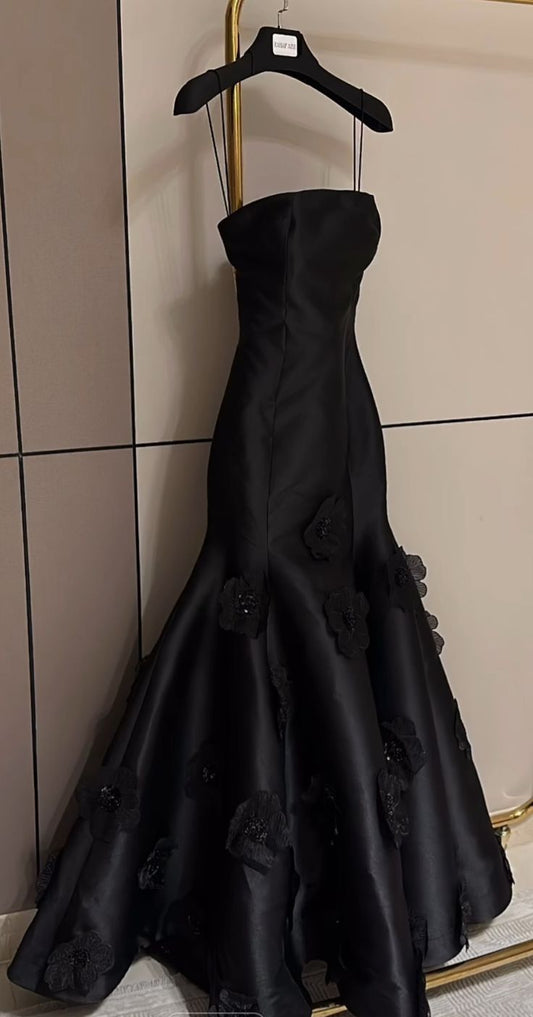 Chic Mermaid Spaghetti Straps Black Satin Flowers Applique Long Prom Dress,Evening Dress GG1151