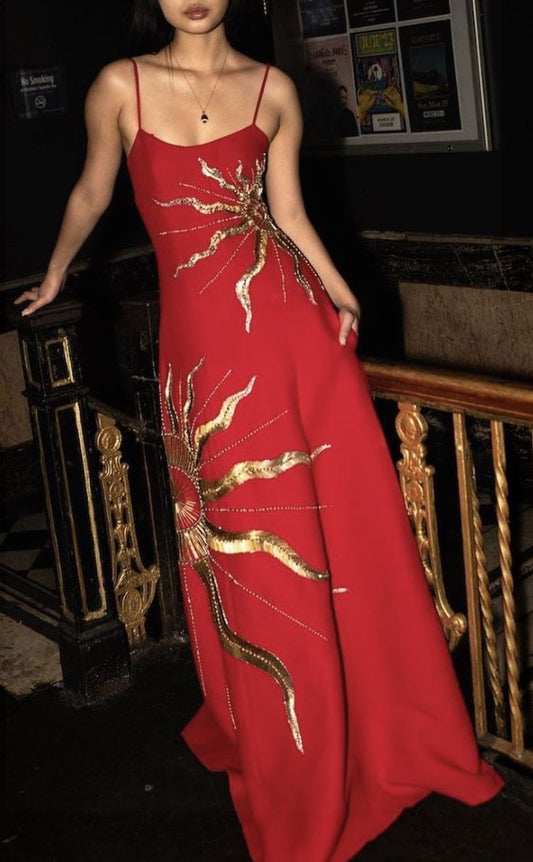 Chic A Line Spaghetti Straps Satin With Gold Embroidery Long Prom Dress,Evening Dress GG1154