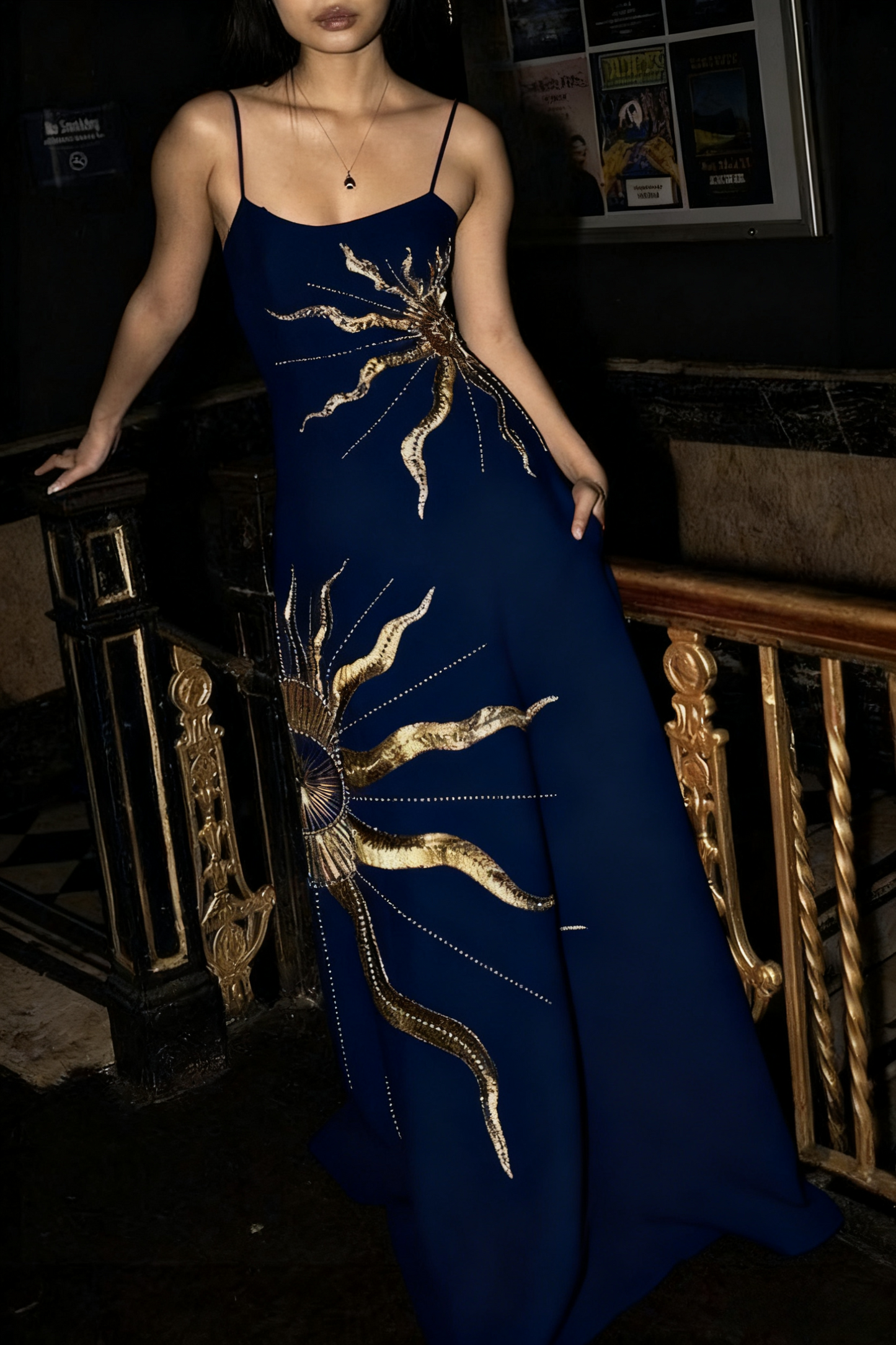 Chic A Line Spaghetti Straps Satin With Gold Embroidery Long Prom Dress,Evening Dress GG1154