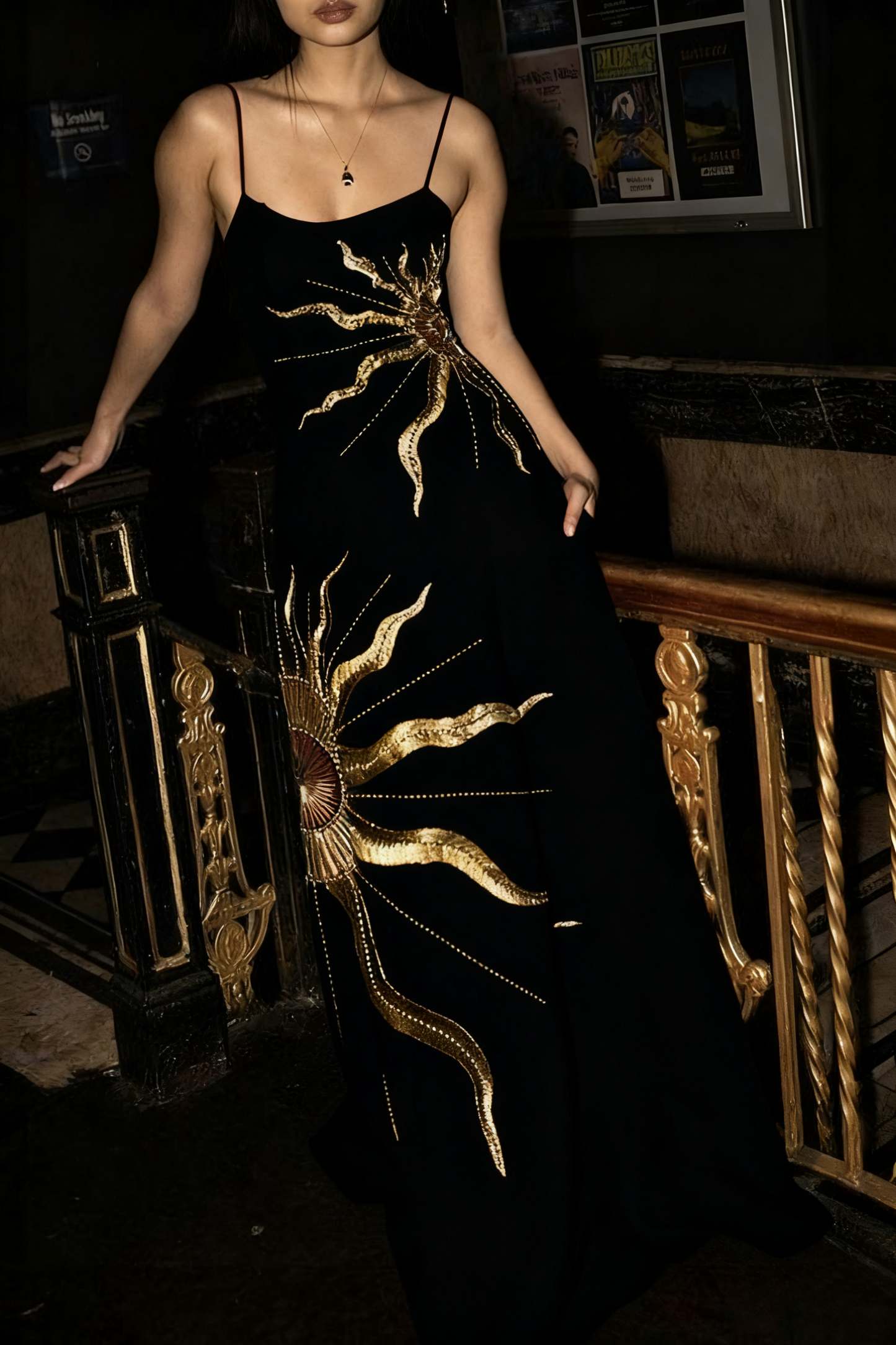 Chic A Line Spaghetti Straps Satin With Gold Embroidery Long Prom Dress,Evening Dress GG1154