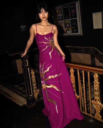 Chic A Line Spaghetti Straps Satin With Gold Embroidery Long Prom Dress,Evening Dress GG1154