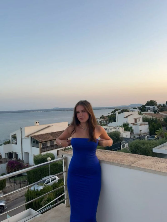 Simple Mermaid Strapless Dark Blue Satin Long Prom Dress,Evening Dress GG1166