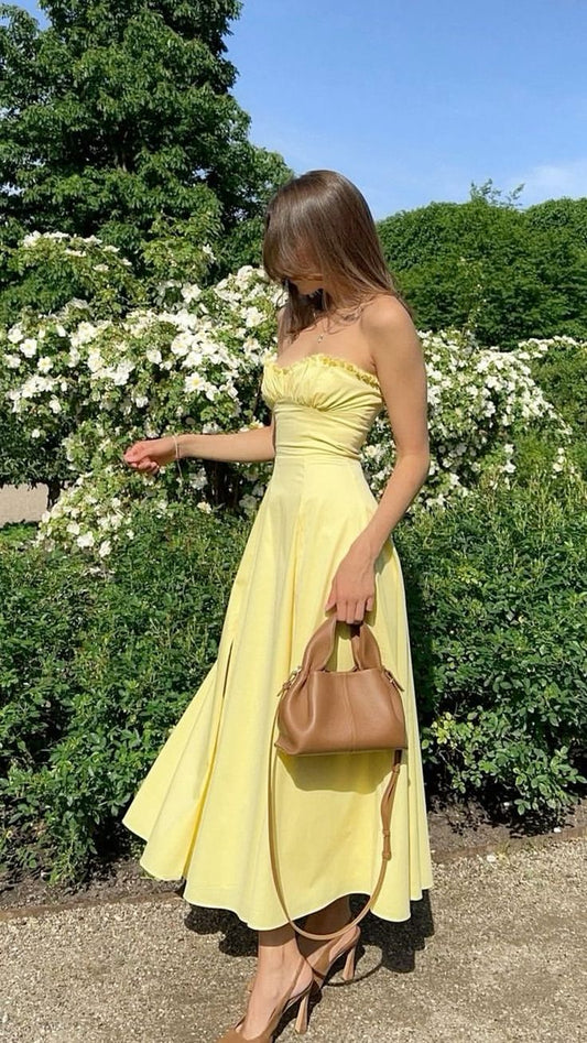Cute A Line Sweetheart Yellow Chiffon Slit Long Prom Dress, Evening Dress GG1179