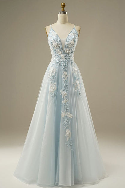 New Delicate A-Line Light Blue Spaghetti Straps V Neck Beading Applique Long  Prom Dress , Evening Dress GG119