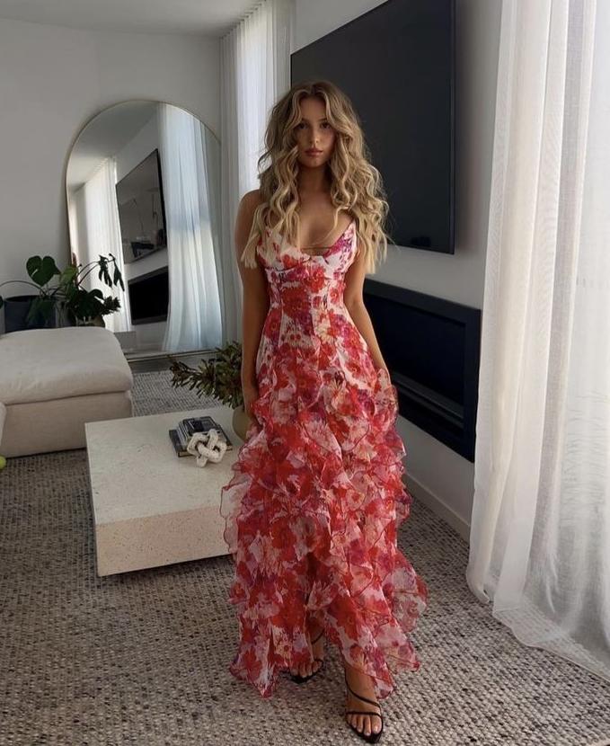 Sexy A Line Spaghetti Straps Chiffon Printing Ripple Long Prom Dress,Evening Dress GG1190