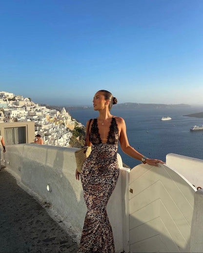 Sexy Mermaid Lace Straps V Neck With Leopard Velvet Long Prom Dress,Evening Dress GG1197