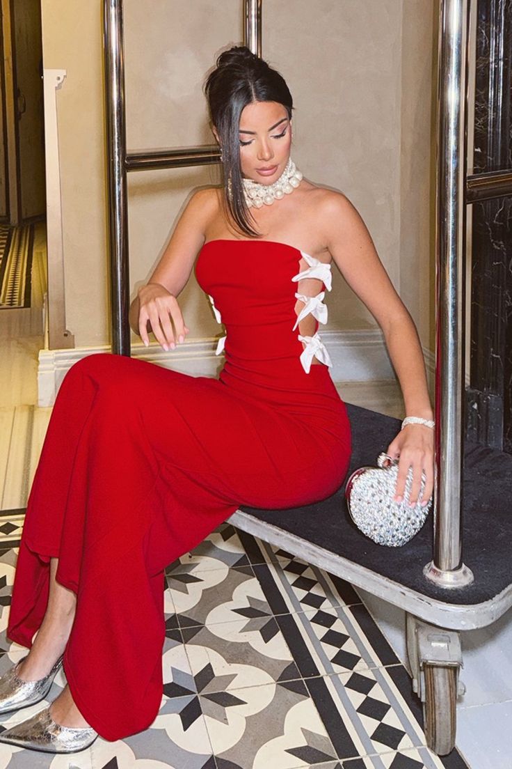 Chic Mermaid Strapless Red Satin With Bow Ribbon Side Long Prom Dress,Evening Dress GG1199