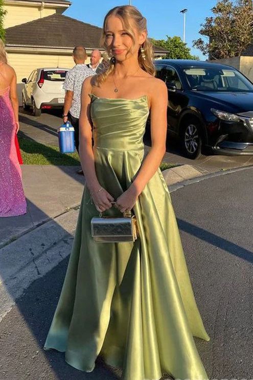 Elegant A Line Strapless Pleats Satin Long Prom Dress,Evening Dress GG1200