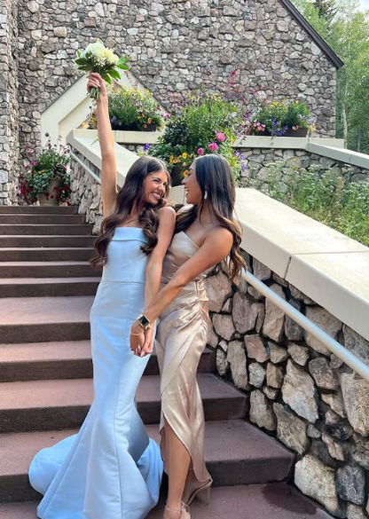 Lovely Mermaid Strapless Pale Blue Satin Long Prom Dress,Evening Dress GG1203