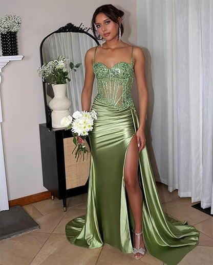 Sexy Mermaid Spaghetti Straps Corset Satin Applique Slit Long Prom Dress,Evening Dress GG1205
