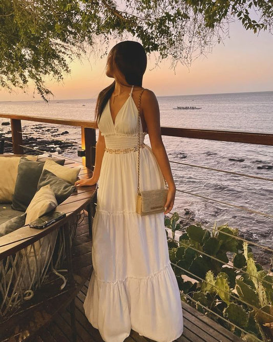 Elegant A Line Halter V Neck White Chiffon Long Prom Dress,Evening Dress GG1211