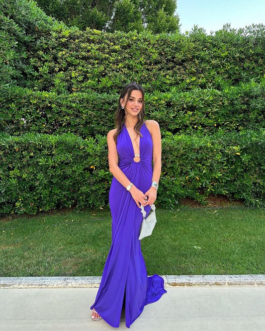 Chic Mermaid Halter Satin Pleats Slit Long Prom Dress,Holiday Dress,Evening Dress GG1213