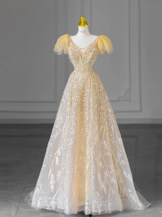 Gorgeous A Line V Neck Tulle Sequin Beaded Long Prom Dress,Evening Dress GG1218