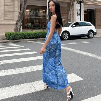 Sexy Mermaid Halter Straps Printing Satin Long Prom Dress,Evening Dress GG1220