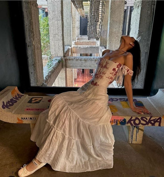 Graceful A Line Off The Sshoulder White Printing Satin Long Prom Dress,Evening Dress GG1229