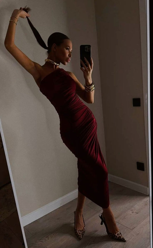 Sexy Mermaid One Shoulder Rust Red Satin Pleats Long Prom Dress,Evening Dress GG1240