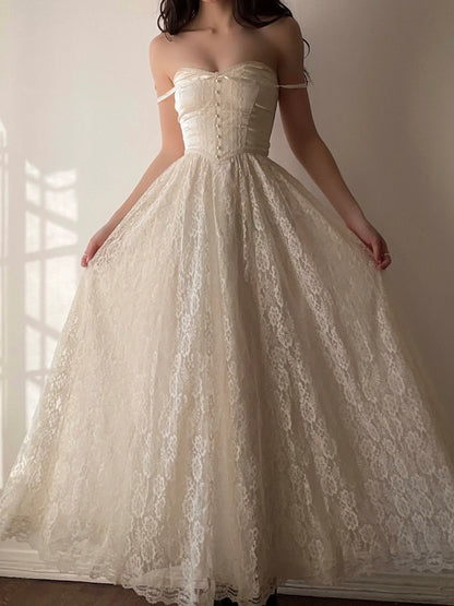 Glamorous A Line Spaghetti Straps Off White Lace Long Prom Dress,Evening Dress GG1253