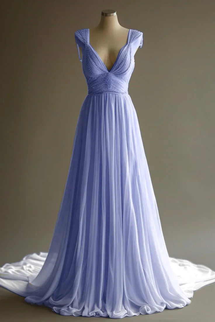 Gorgeous A Line V Neck Chiffon Beaded Long Prom Dress,Evening Dress GG1255