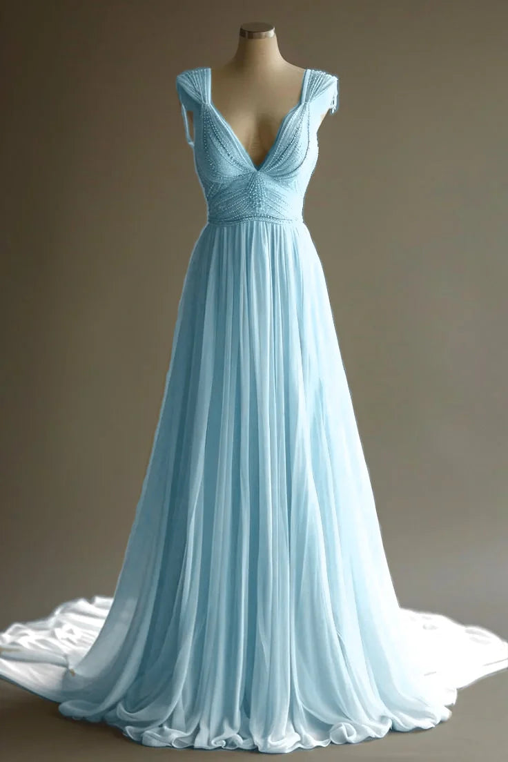 Gorgeous A Line V Neck Chiffon Beaded Long Prom Dress,Evening Dress GG1255
