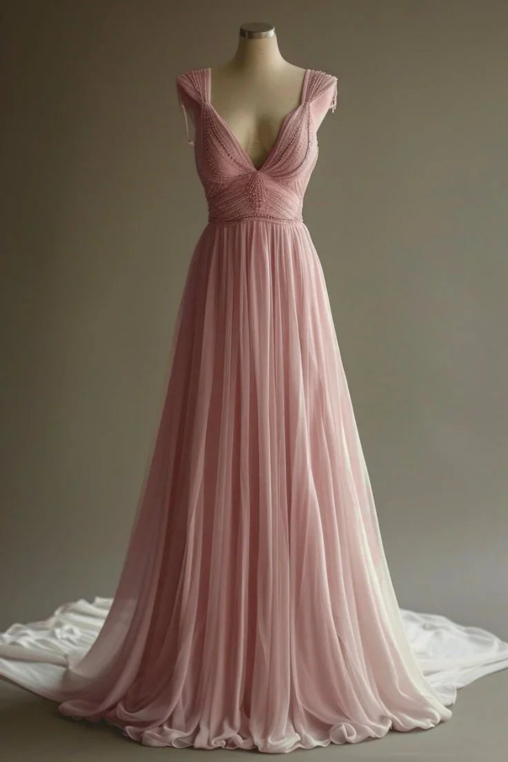Gorgeous A Line V Neck Chiffon Beaded Long Prom Dress,Evening Dress GG1255