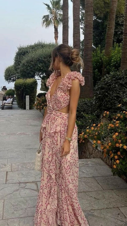 Elegant A Line V Neck Chiffon Printing Slit Long Prom Dress,Evening Dress GG1258