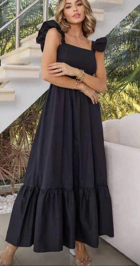 Lovely A Line Square Black Satin Ripple Long Prom Dress,Evening Dress GG1259