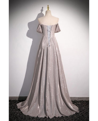 Shiny A Line  Off The Shoulder Silver Simple Long Pleats Prom Dress Long Prom Dresses,Evening Dresses GG126