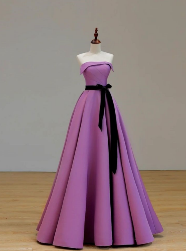 Elegant A Line Strapless Satin With Black Bow Belt  Long Prom Dress,Evening Dress GG1267