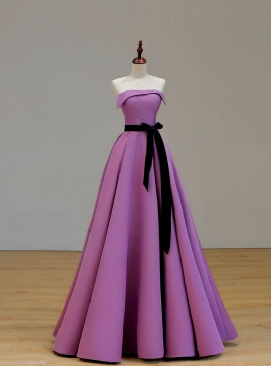 Elegant A Line Strapless Satin With Black Bow Belt  Long Prom Dress,Evening Dress GG1267