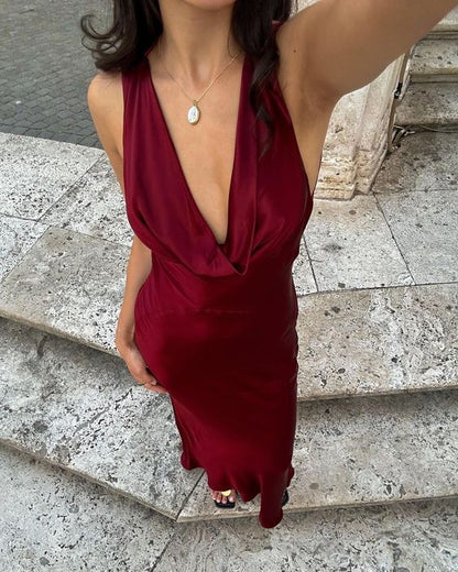 Sexy Mermaid Deep V Neck Burgundy Satin Long Prom Dress,Evening Dress GG1278