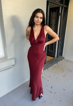 Sexy Mermaid Deep V Neck Burgundy Satin Long Prom Dress,Evening Dress GG1278