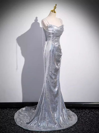 Shiny Mermaid Spaghetti Straps Silver Sequin Long Prom Dress,Evening Dresses GG128