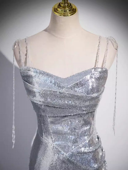 Shiny Mermaid Spaghetti Straps Silver Sequin Long Prom Dress,Evening Dresses GG128