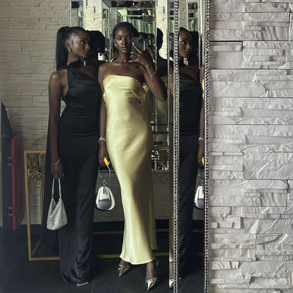 Simple Mermaid Strapless Pastel Yellow Satin Long Prom Dress,Evening Dress GG1292