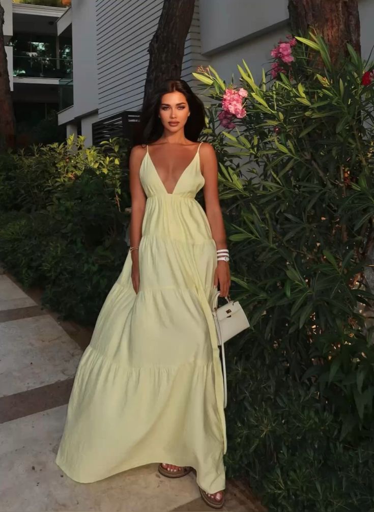 Elegant A Line Spaaghetti Straps V Neck Pastel Yellow Chiffon Long Prom Dress,Evening Dress GG1298