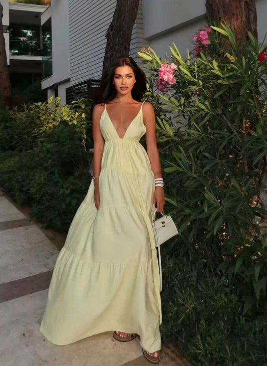Elegant A Line Spaaghetti Straps V Neck Pastel Yellow Chiffon Long Prom Dress,Evening Dress GG1298
