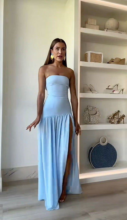 Cute A Line Strapless Pale Blue Chiffon Slit Long Prom Dress,Evening Dress GG1299