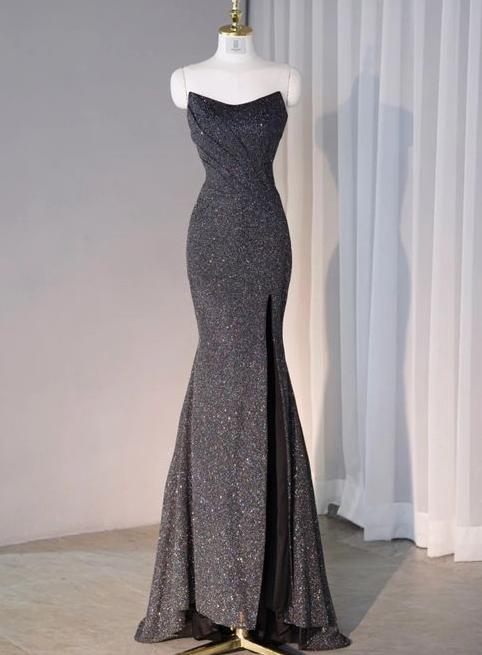 Sexy Mermaid Strapless Dark Grey High Split Sequin Long Prom Dress,Formal  Evening Dresses GG129