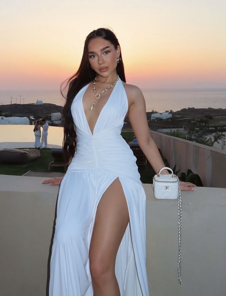 Elegant A Line Halter Deep V Neck White Chiffon Waist Pleats Slit Long Prom Dress,Evening Dress GG1303