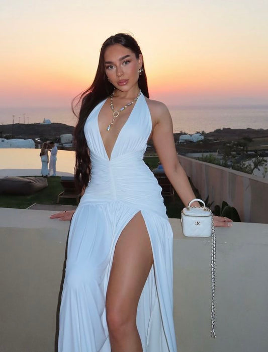 Elegant A Line Halter Deep V Neck White Chiffon Waist Pleats Slit Long Prom Dress,Evening Dress GG1303