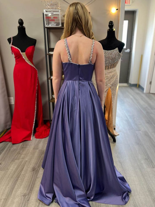 Chic A Line Beaded Straps Purple Satin With Pocket Long Prom Dress,Evening Dress GG1308