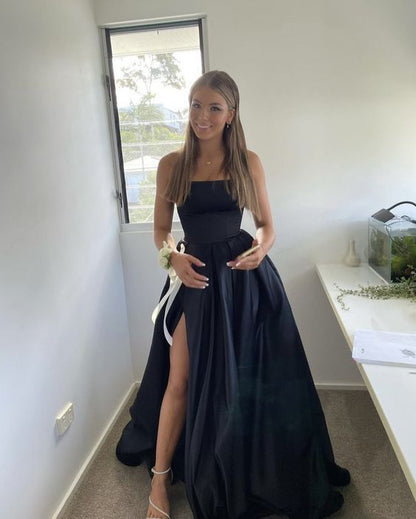 Simple A Line Strapless Black Satin Slit Long Prom Dress,Evening Dress GG1309