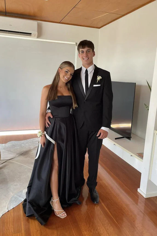 Simple A Line Strapless Black Satin Slit Long Prom Dress,Evening Dress GG1309