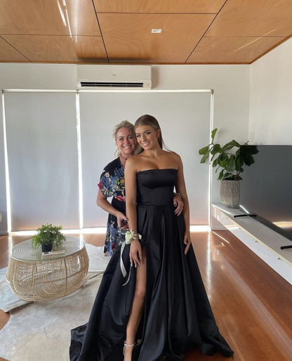 Simple A Line Strapless Black Satin Slit Long Prom Dress,Evening Dress GG1309