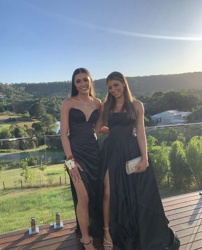 Simple A Line Strapless Black Satin Slit Long Prom Dress,Evening Dress GG1309